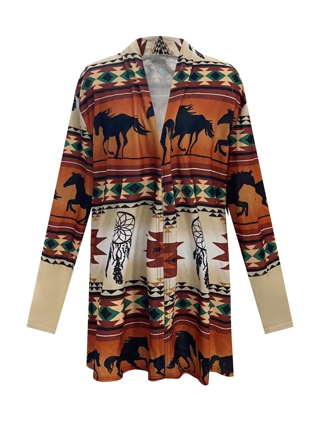 Stylish Plus Size Western Horse & Tribal Print Cardigan - Cozy Plus Size Coats for Women with Open Front, Soft Knit Polyester Fabric, and Casual Fall/Winter Style - Perfect for Daily Wear