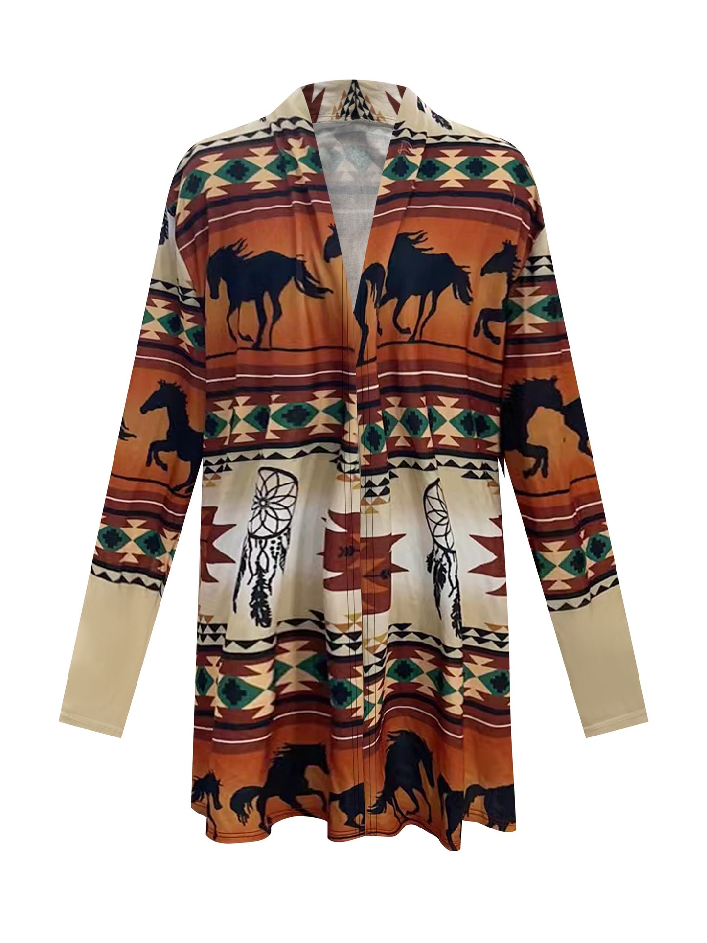 Stylish Plus Size Western Horse & Tribal Print Cardigan - Cozy Plus Size Coats for Women with Open Front, Soft Knit Polyester Fabric, and Casual Fall/Winter Style - Perfect for Daily Wear
