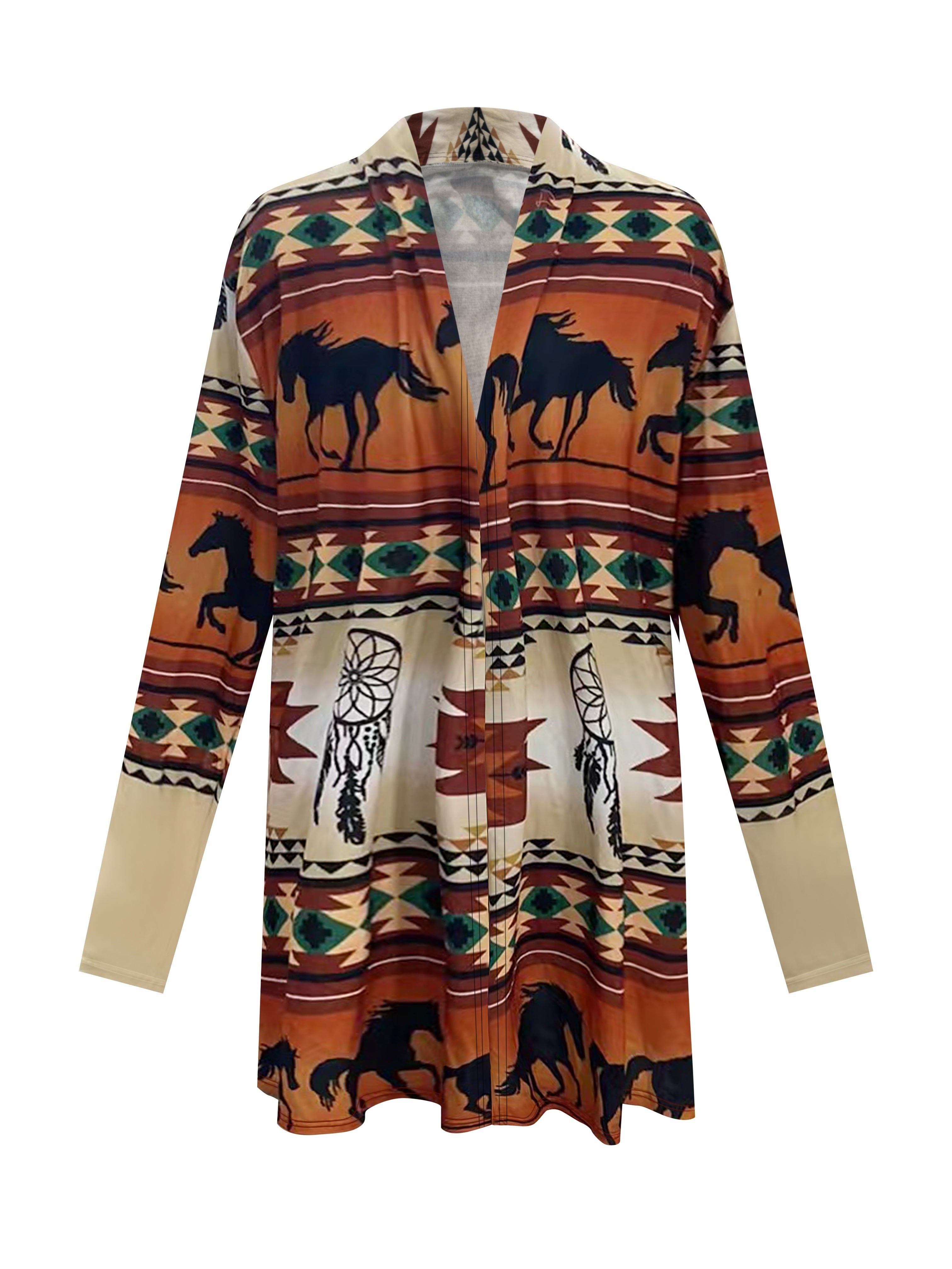 Stylish Plus Size Western Horse & Tribal Print Cardigan - Cozy Plus Size Coats for Women with Open Front, Soft Knit Polyester Fabric, and Casual Fall/Winter Style - Perfect for Daily Wear