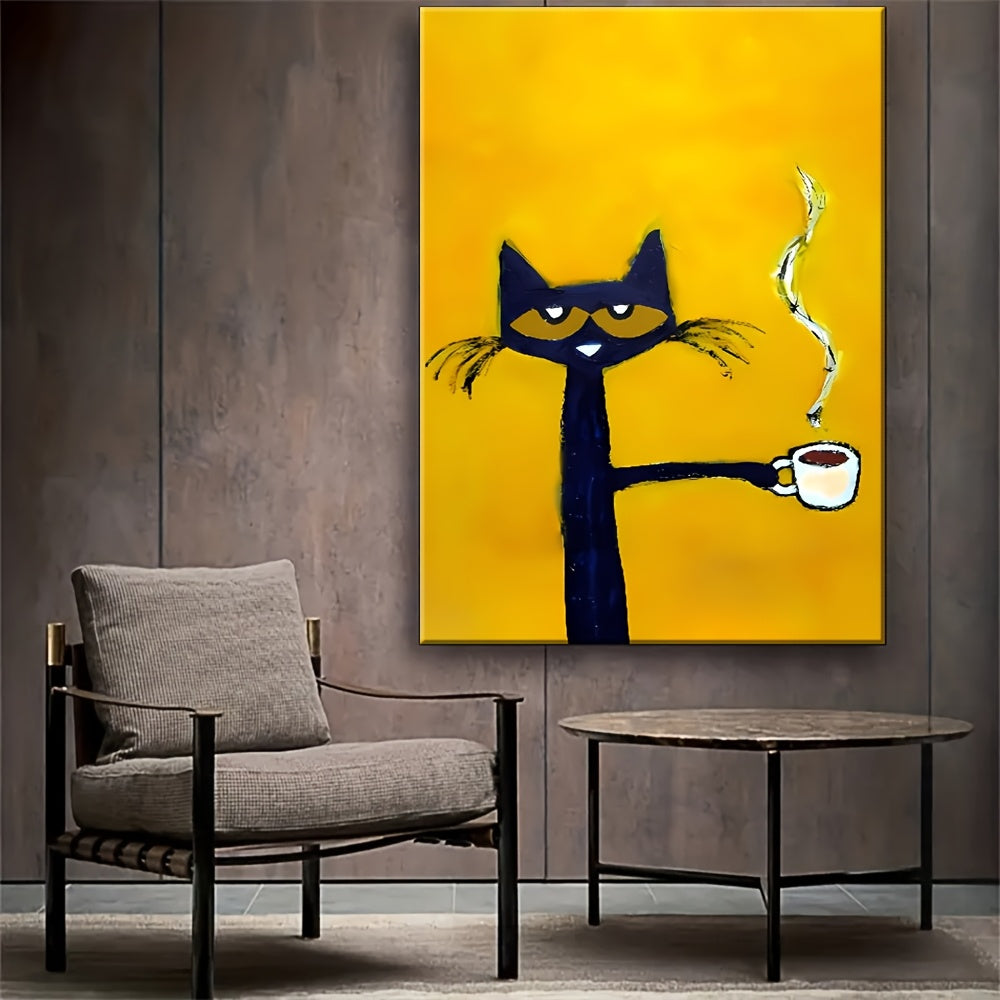 1pc Modern Cat Canvas Art with Wooden Frame – Whimsical Cartoon-Style Black Cat Holding Coffee Cup – Yellow Background, Warm Tones, Unique Animal Wall Decor for Living Room, Bedroom, or Home Office, Cat Decor