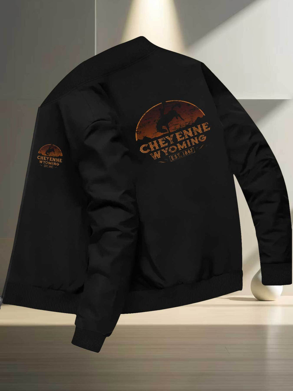 Cheyenne Wyoming Established Historical Rodeo Cowboy Windproof Jacket | High Neck, Zipper Closure, Machine Washable, Non-Dry Cleaning, Fashionable, Suitable for Holiday Parties and Casual Wear