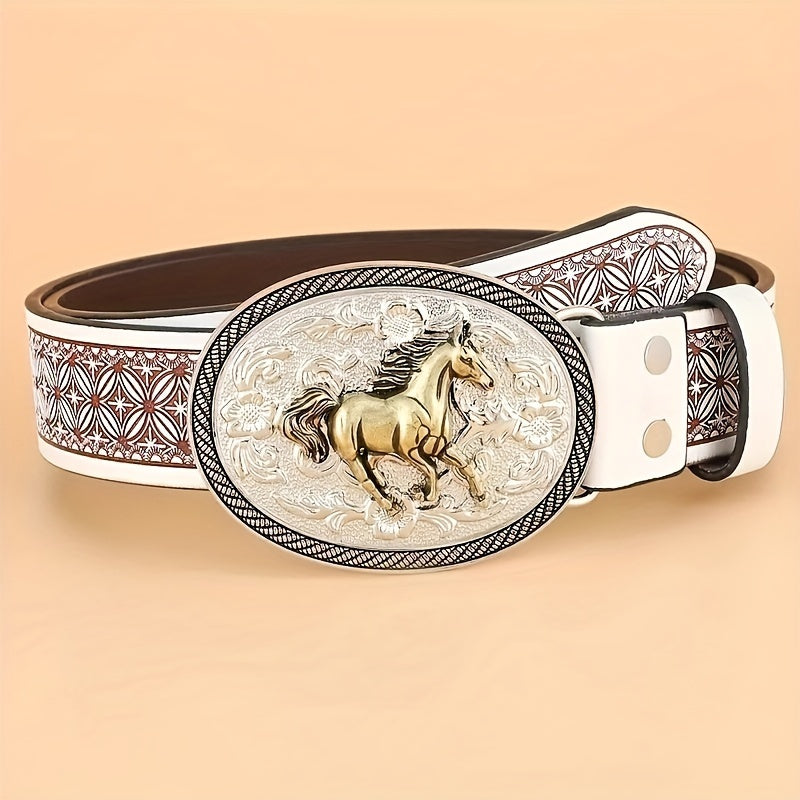 Fashionable Womens Oval Horse Buckle Belt - Embossed White Leather - Perfect for Jeans - Trendy Style for Girls and Women