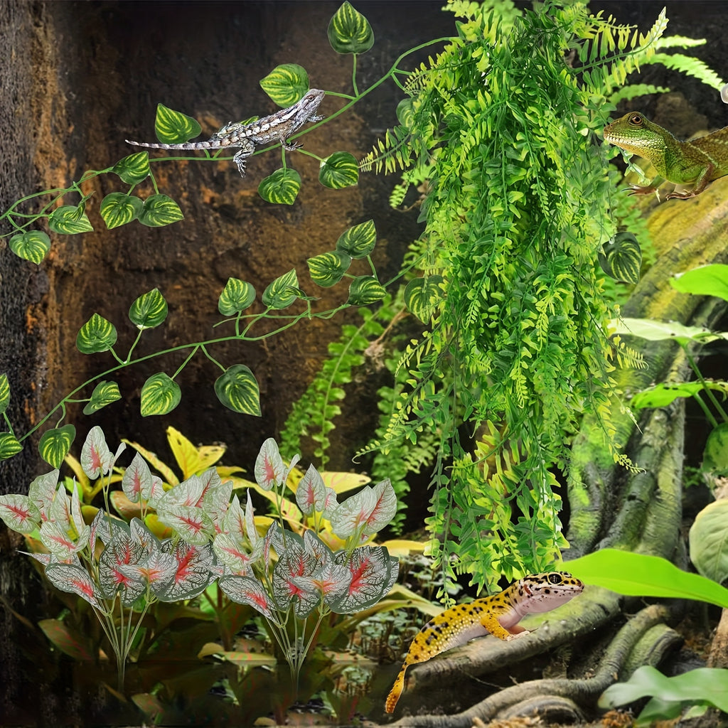 12pcs Fake Reptile Plants, Terrarium Hanging Artificial Leaves, Leopard Gecko Tank Accessories, Terrarium Decorations For Bearded Dragon Lizard Snake Geckos Chameleon