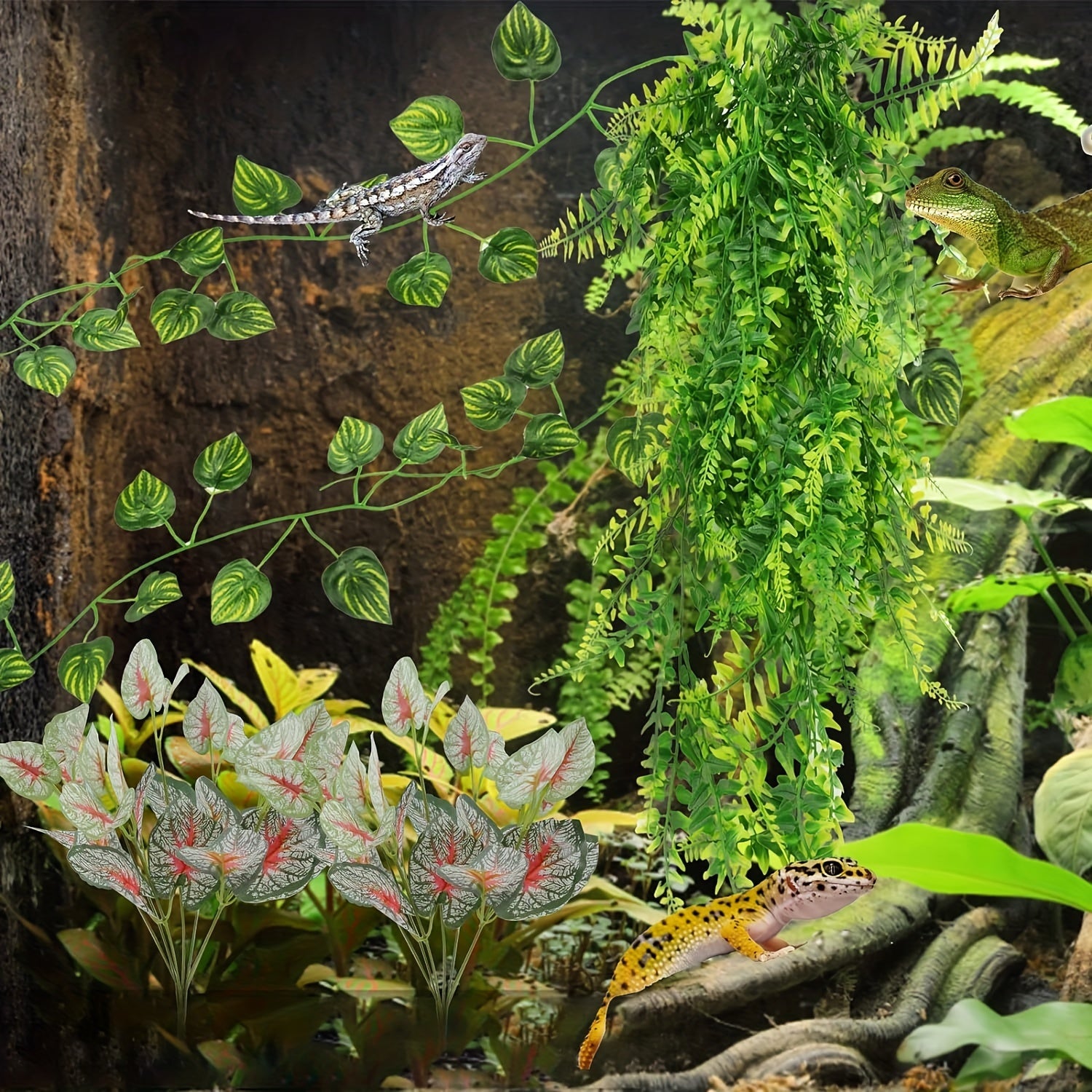 12pcs Fake Reptile Plants, Terrarium Hanging Artificial Leaves, Leopard Gecko Tank Accessories, Terrarium Decorations For Bearded Dragon Lizard Snake Geckos Chameleon
