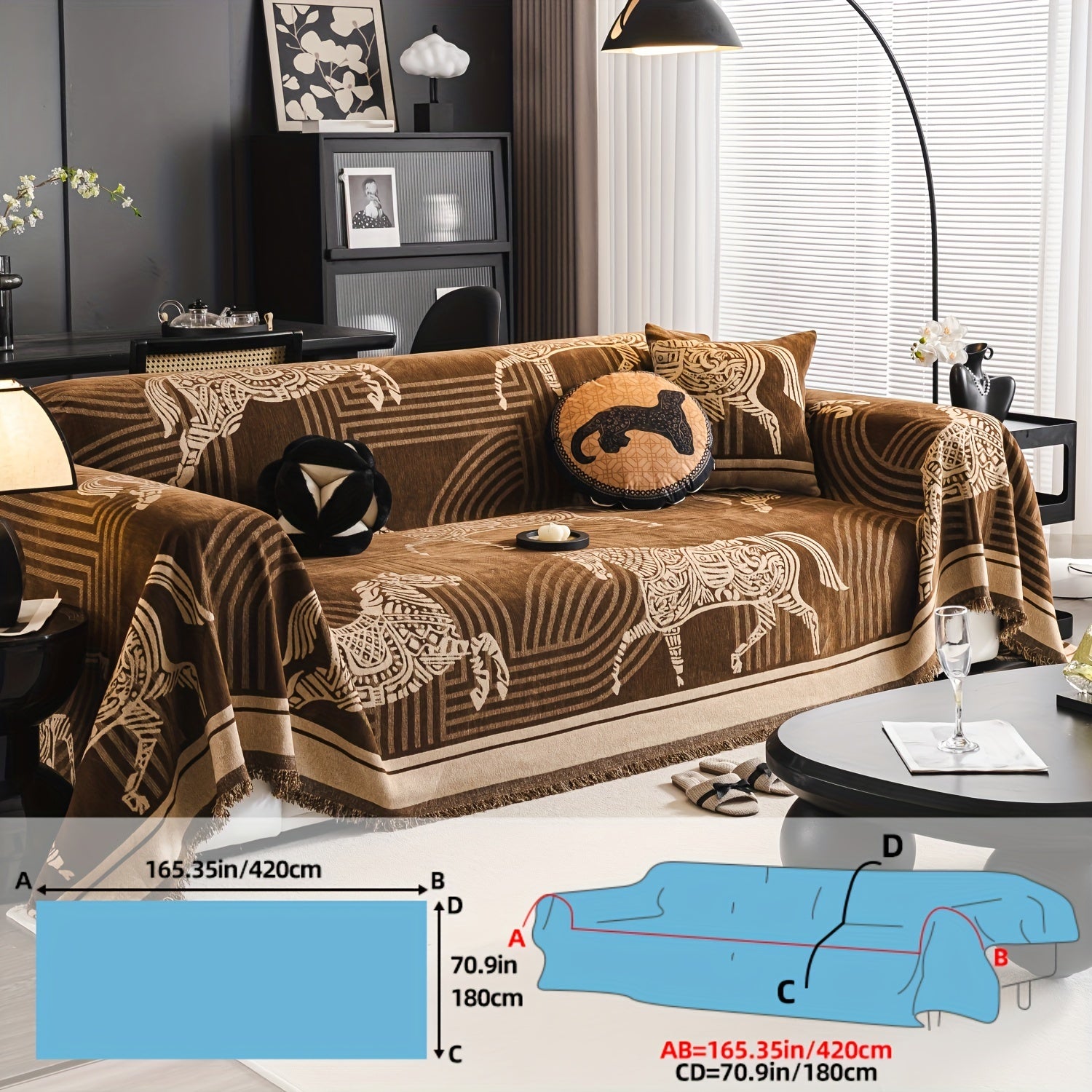 Luxurious Chenille Sofa Cover with Horse Design - Dual-Tone, Pet-Friendly & Machine Washable for Armchairs to L-Shaped Couches - Modern Home Decor Gift