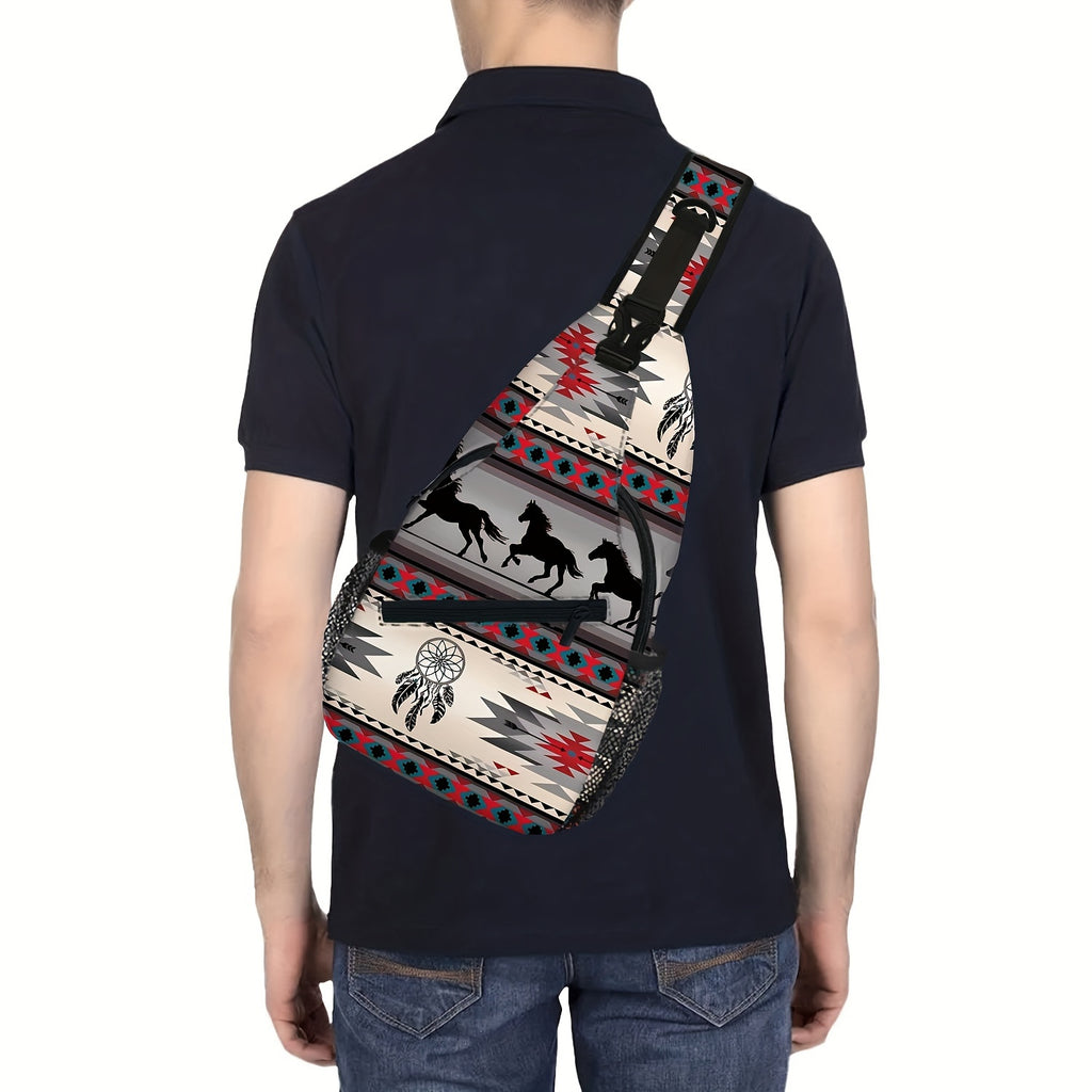 Totem Style Horse Pattern Print Casual Sling Bag, Men's And Women's Crossbody Bag For Travel & Daily Commute
