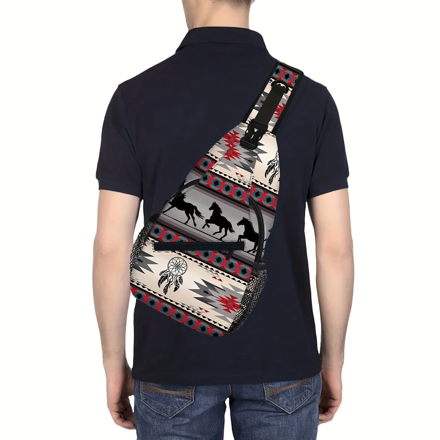 Totem Style Horse Pattern Print Casual Sling Bag, Men's And Women's Crossbody Bag For Travel & Daily Commute