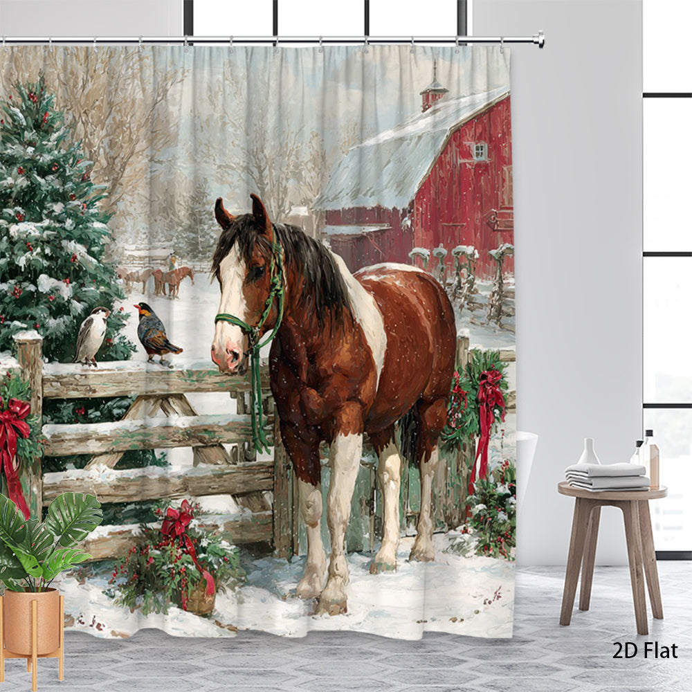 1pc Extra Long Christmas Horse and Barn Shower Curtain - Winter Farmhouse Bathroom Decor with Brown Horse, Red Barn & Snowy Landscape - Rustic Country Bathroom Window Treatment - Machine Washable Polyester Fabric Bath Curtain