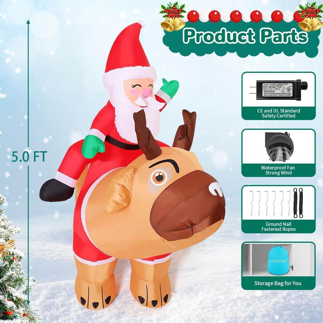 5 FT Inflatable Santa Claus Riding Pug Dog Outdoor Decoration with LED Lights for Christmas Holiday Party and Indoor Garden Lawn Decor