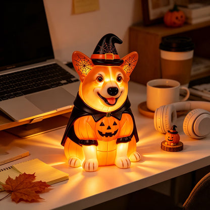 Halloween Illuminated Dog Figurine - 7.9in Scarecrow Dog Statue with Glowing Pumpkin, Waterproof Resin Table and Yard Decor