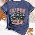 Whimsical Animal Series - Three Little Raccoon Graphic Print Round Neck Short Sleeve Sports T-Shirt - Casual Fashionable, Trendy, Elegant, Retro-Inspired Top for Adult Women