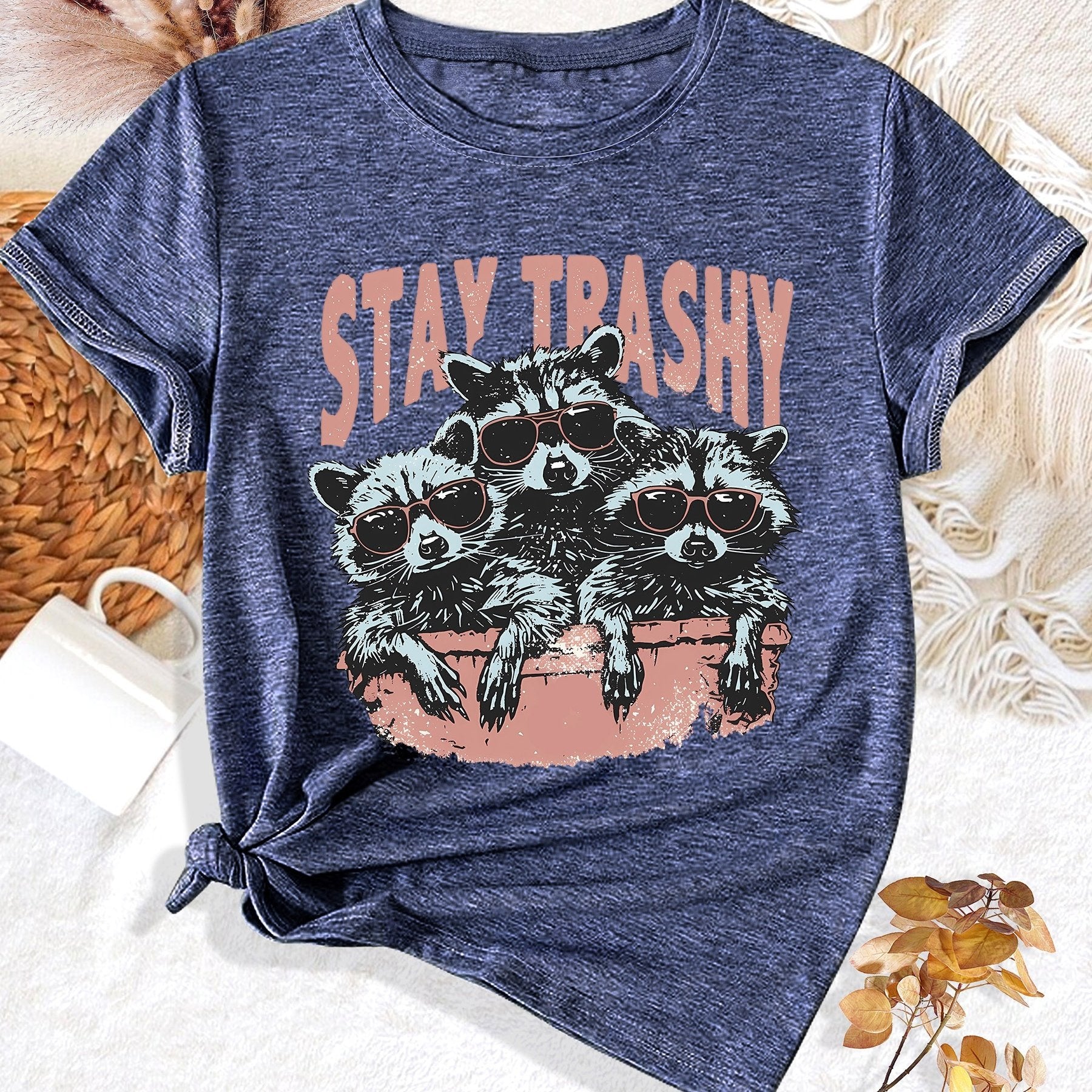 Whimsical Animal Series - Three Little Raccoon Graphic Print Round Neck Short Sleeve Sports T-Shirt - Casual Fashionable, Trendy, Elegant, Retro-Inspired Top for Adult Women