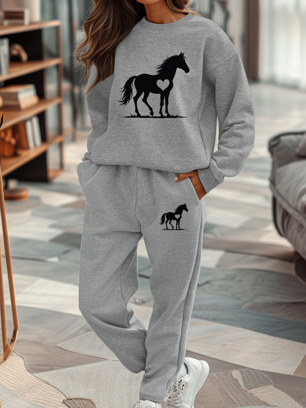 Women'S Casual Fall/Winter Horse Silhouette Sweatshirt and Sweatpants Set - Gray with Black Horse Design, Cozy Sweatpants for Relaxation, Comfortable Clothing | Stylish Horse Print | Cozy Sweatpants