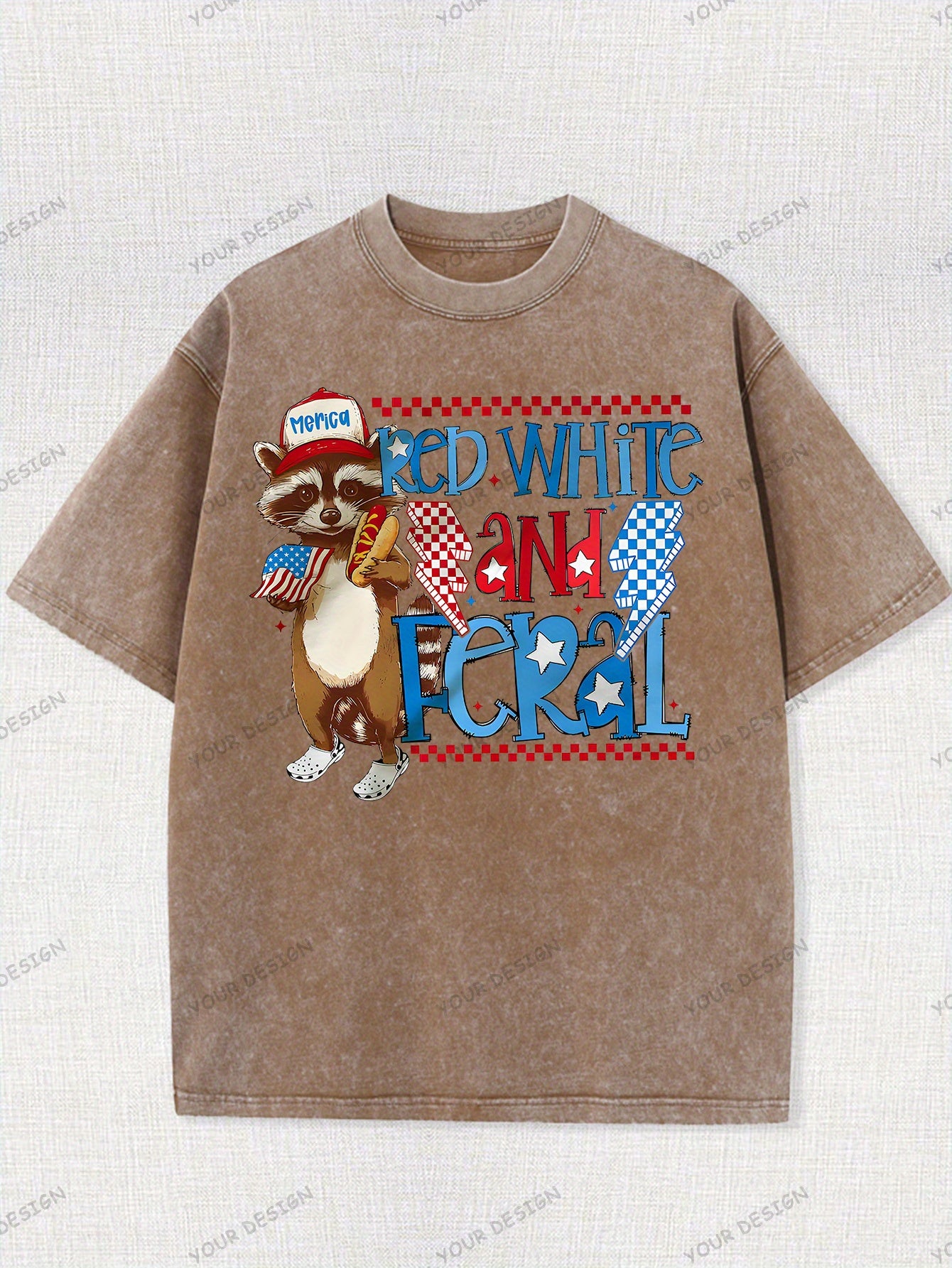 230G Washed Old Cotton T-Shirt, Fashionable 4Th of July, Wild Raccoon, American Flag Design, Independence Day, Dad'S Gift, Relaxed Street Style.