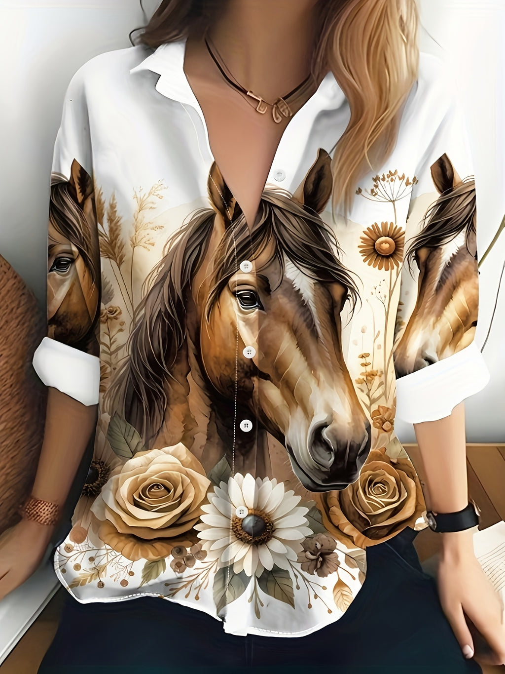 [Polyester Horse Print Blouse] 100% Polyester Women's Horse Print Blouse | Long Sleeve, Machine Washable, Casual Elegance with Floral Design, Button-Up Front, All-Season Wear