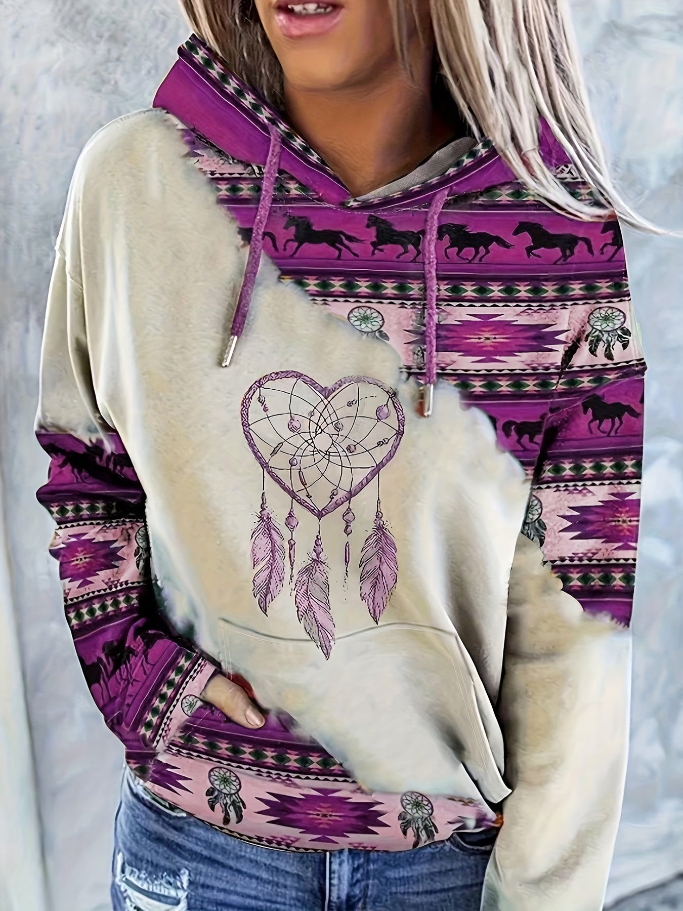 Women's Boho-Chic Western Hoodie with Dreamcatcher & Horse Print - Vintage-Inspired Casual Pullover in Beige, Purple, and White, Polyester Blend, Machine Washable