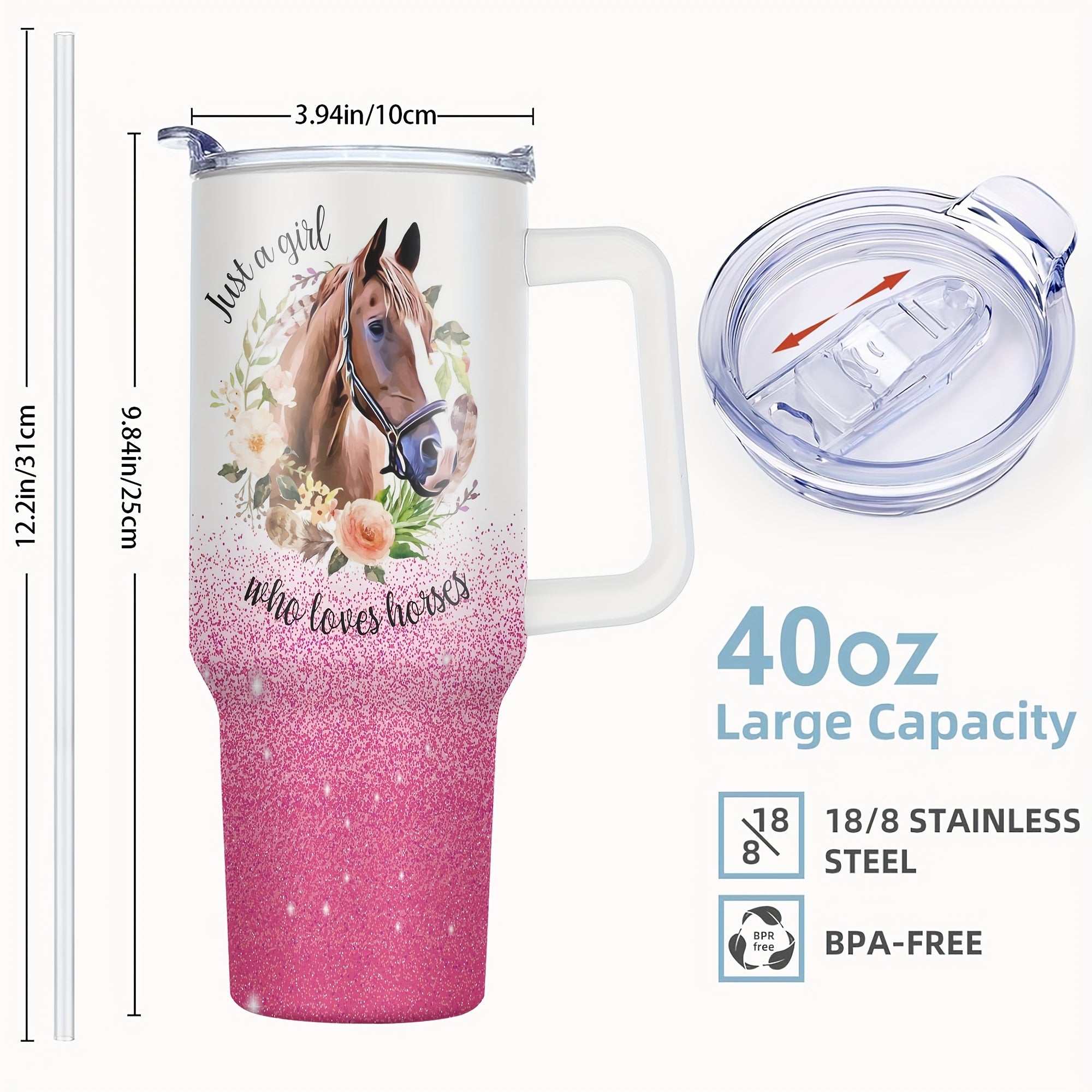 1pc Customizable 40 Oz Stainless Steel Tumbler - Double Wall Vacuum Insulated Travel Mug for Hot and Cold Drinks - Unique Pink Horse Funny Print Design, Perfect Birthday and Christmas Gift for Women, Mom, Sisters, Teacher, Co