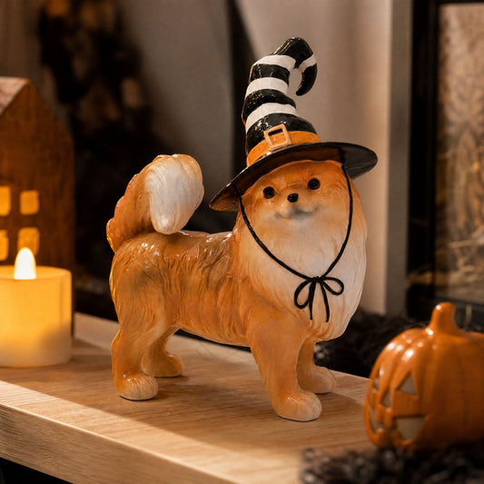 Pomeranian Figurine with Striped Witch Hat - Charming Halloween Dog Decor for Mantel, Shelf, and Tabletop - Resin Fall Home Accent Gift