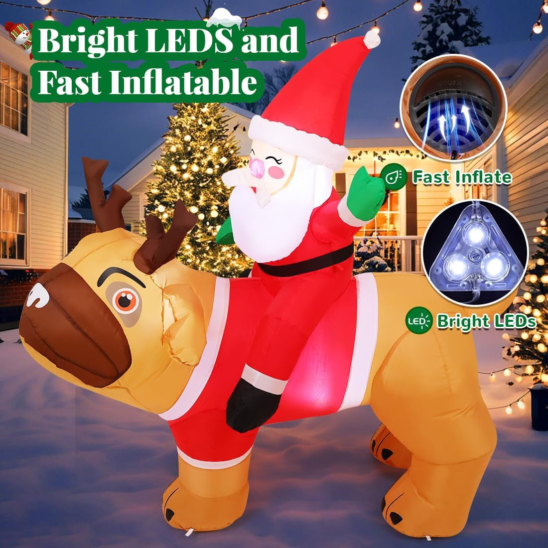 5 FT Inflatable Santa Claus Riding Pug Dog Outdoor Decoration with LED Lights for Christmas Holiday Party and Indoor Garden Lawn Decor