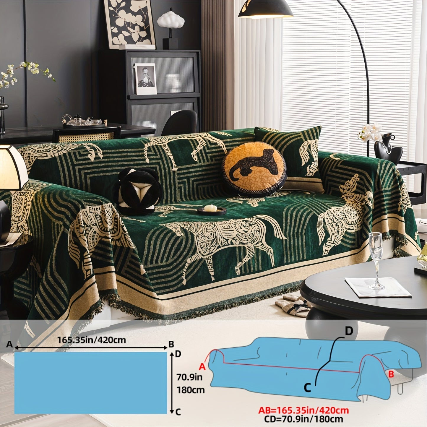 Luxurious Chenille Sofa Cover with Horse Design - Dual-Tone, Pet-Friendly & Machine Washable for Armchairs to L-Shaped Couches - Modern Home Decor Gift