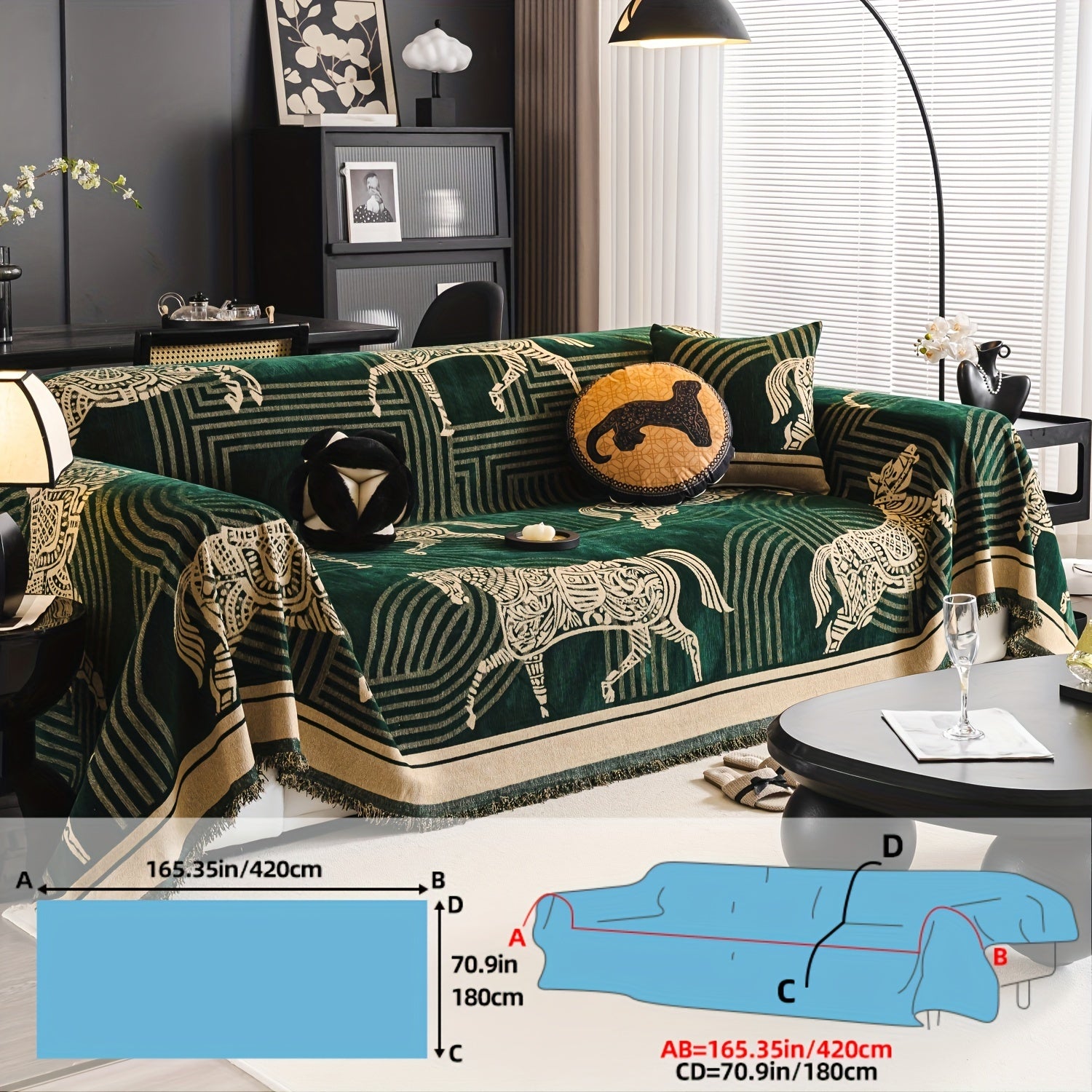 Luxurious Chenille Sofa Cover with Horse Design - Dual-Tone, Pet-Friendly & Machine Washable for Armchairs to L-Shaped Couches - Modern Home Decor Gift