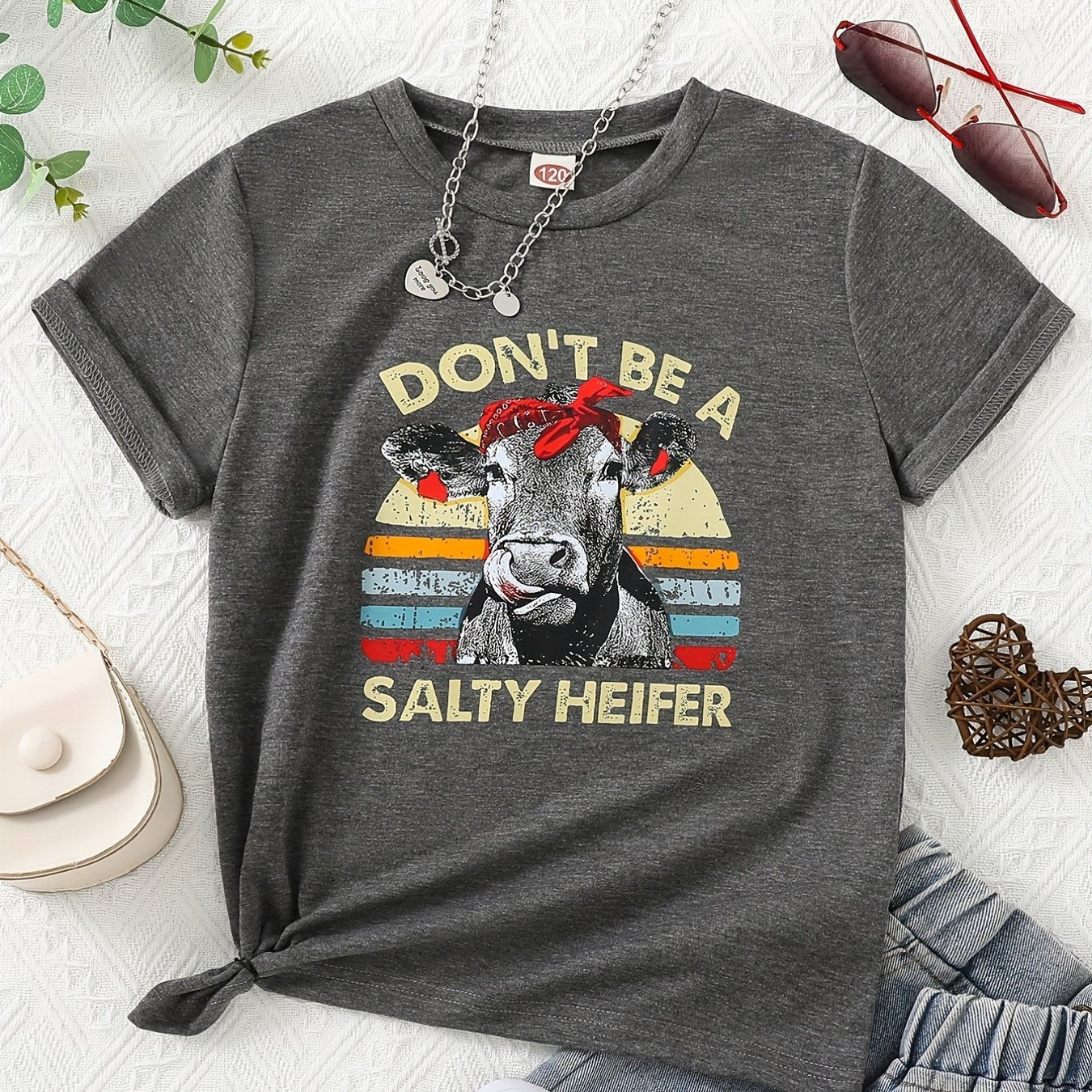 Girls Letter And Cow Head Graphic T-Shirt Casual Round Neck Tees Top Teen Kids Summer Clothes
