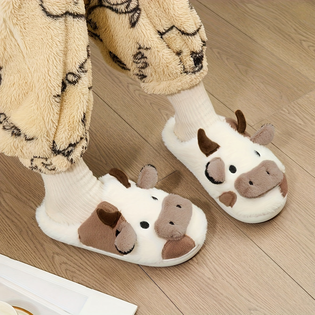 Cozy Home Cute Cartoon Cow Plush Half- Slippers, Couple Matching Style, Thickened and Warm, Women Shoes