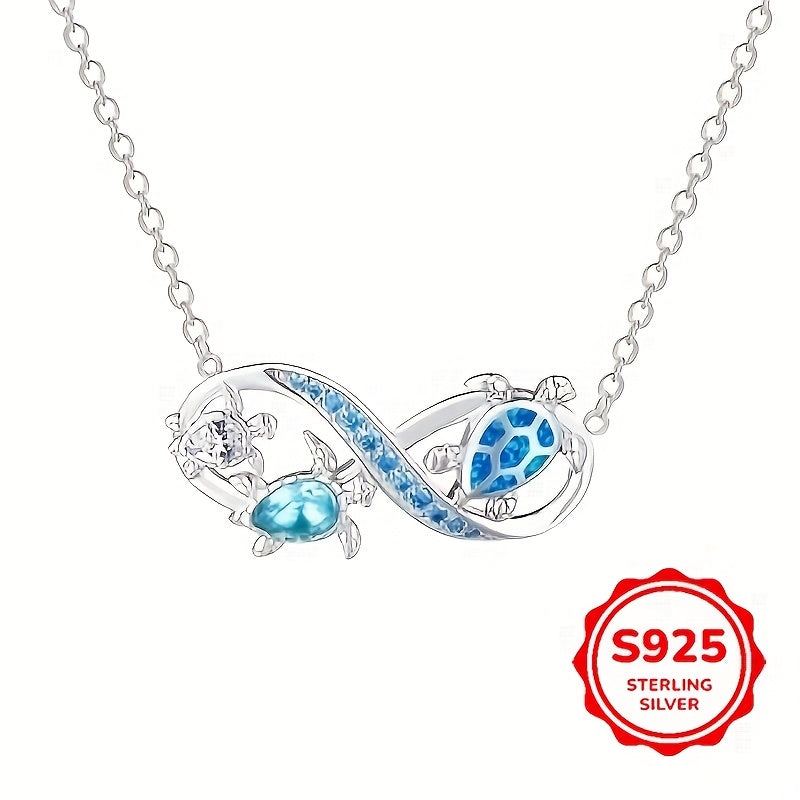 Ocean Style Blue Opal Three Turtles Infinity Symbol Pendant Necklace Valentine's Day Party Holiday Gift