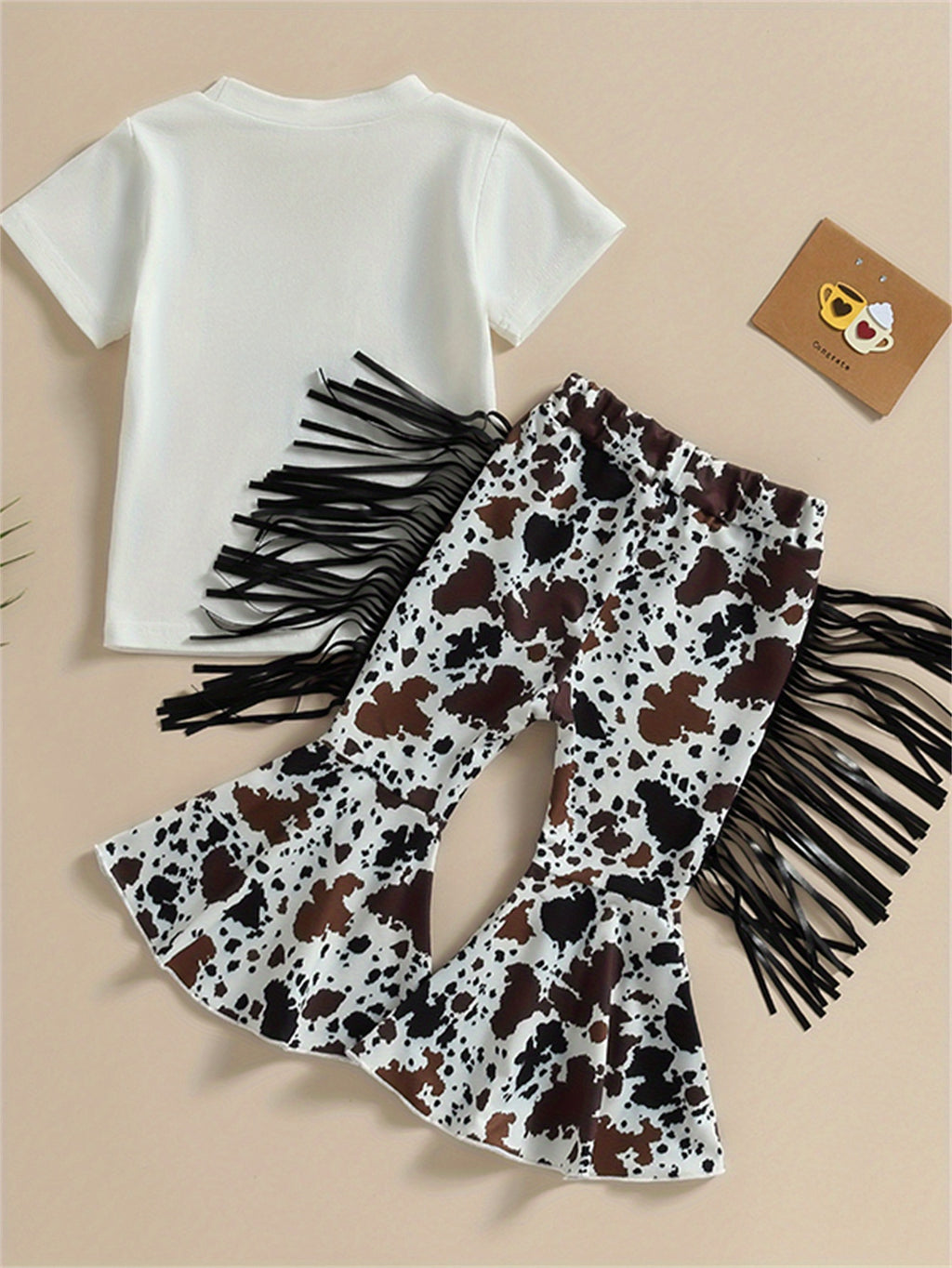 2pcs Toddler Girls Bull Head Graphic T-Shirt & Tassel Cow Graphic Flare Leg Pants Set for Summer Outdoor