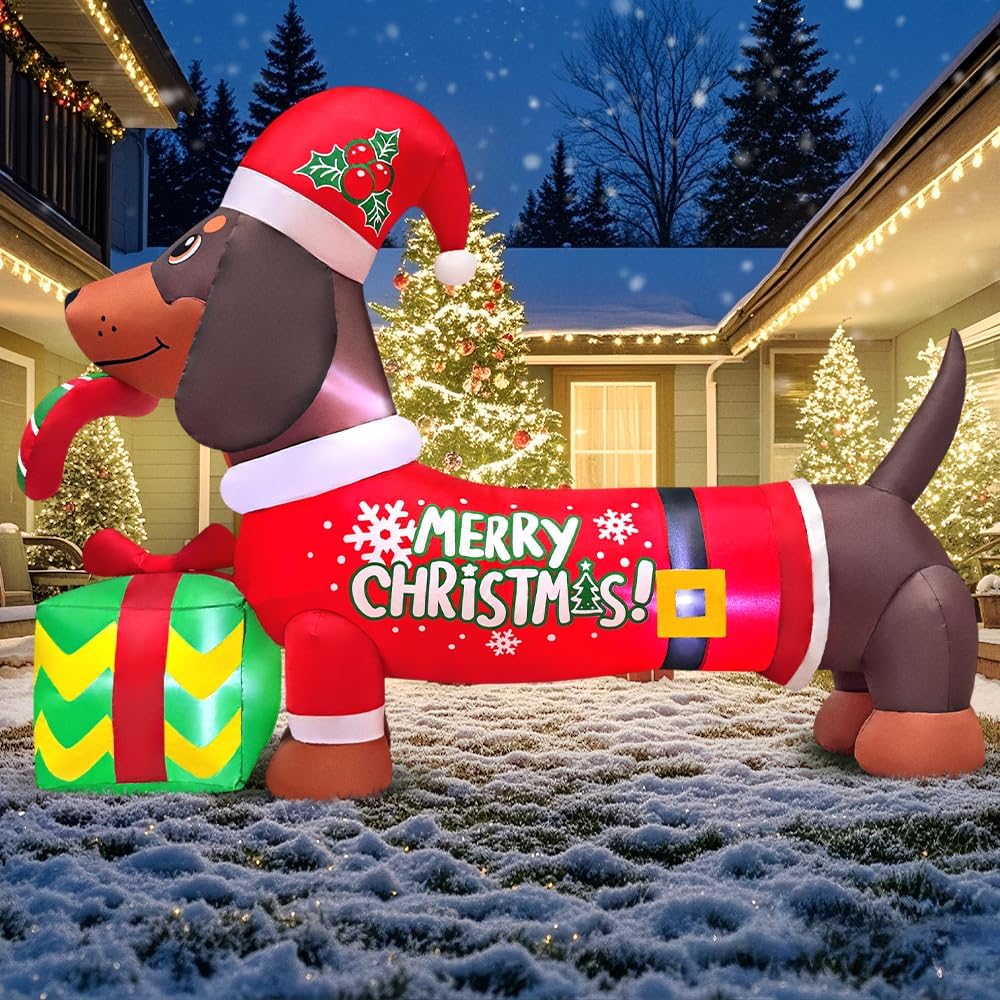 5FT Inflatable Christmas Dachshund with Gift Box - Outdoor Holiday Decoration with LED Lighting for Garden and Lawn Decor