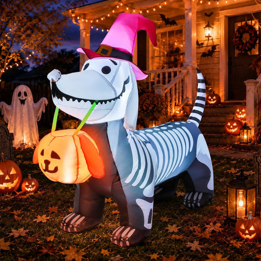 5.5 FT Halloween Inflatable Outdoor Decoration - Skeleton Puppy with Built-in LEDs and Inflatable Pumpkin for Indoor and Outdoor Use