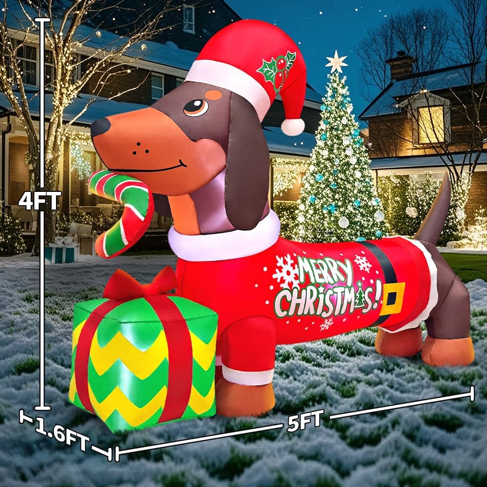 5FT Inflatable Christmas Dachshund with Gift Box - Outdoor Holiday Decoration with LED Lighting for Garden and Lawn Decor