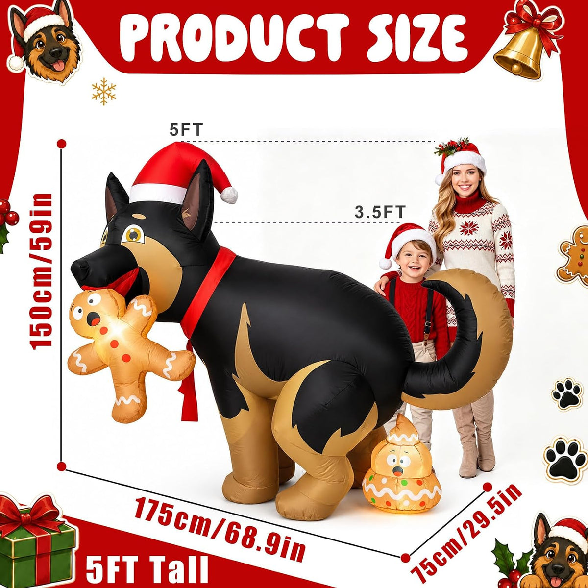 5FT Christmas Inflatable Decoration Featuring a Humorous Dog with Gingerbread, LED Lights for Outdoor and Indoor Holiday Display