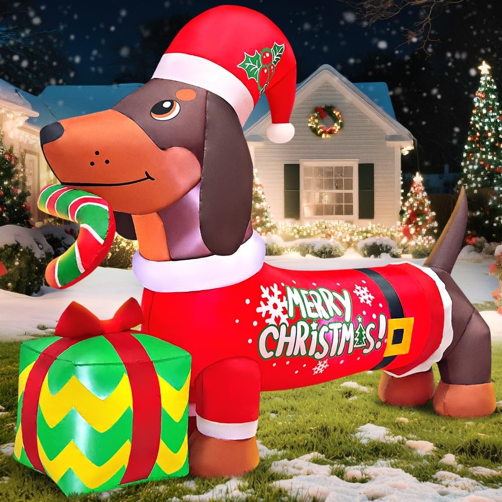 5FT Inflatable Christmas Dachshund with Gift Box - Outdoor Holiday Decoration with LED Lighting for Garden and Lawn Decor