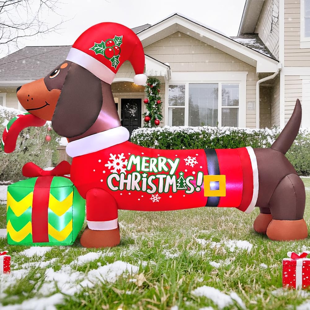 5FT Inflatable Christmas Dachshund with Gift Box - Outdoor Holiday Decoration with LED Lighting for Garden and Lawn Decor