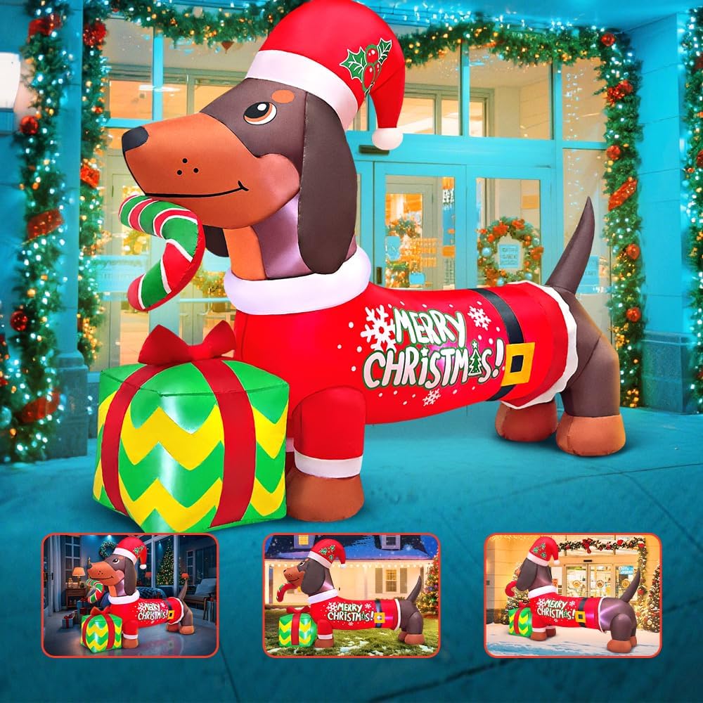 5FT Inflatable Christmas Dachshund with Gift Box - Outdoor Holiday Decoration with LED Lighting for Garden and Lawn Decor