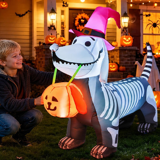 5.5 FT Halloween Inflatable Outdoor Decoration - Skeleton Puppy with Built-in LEDs and Inflatable Pumpkin for Indoor and Outdoor Use