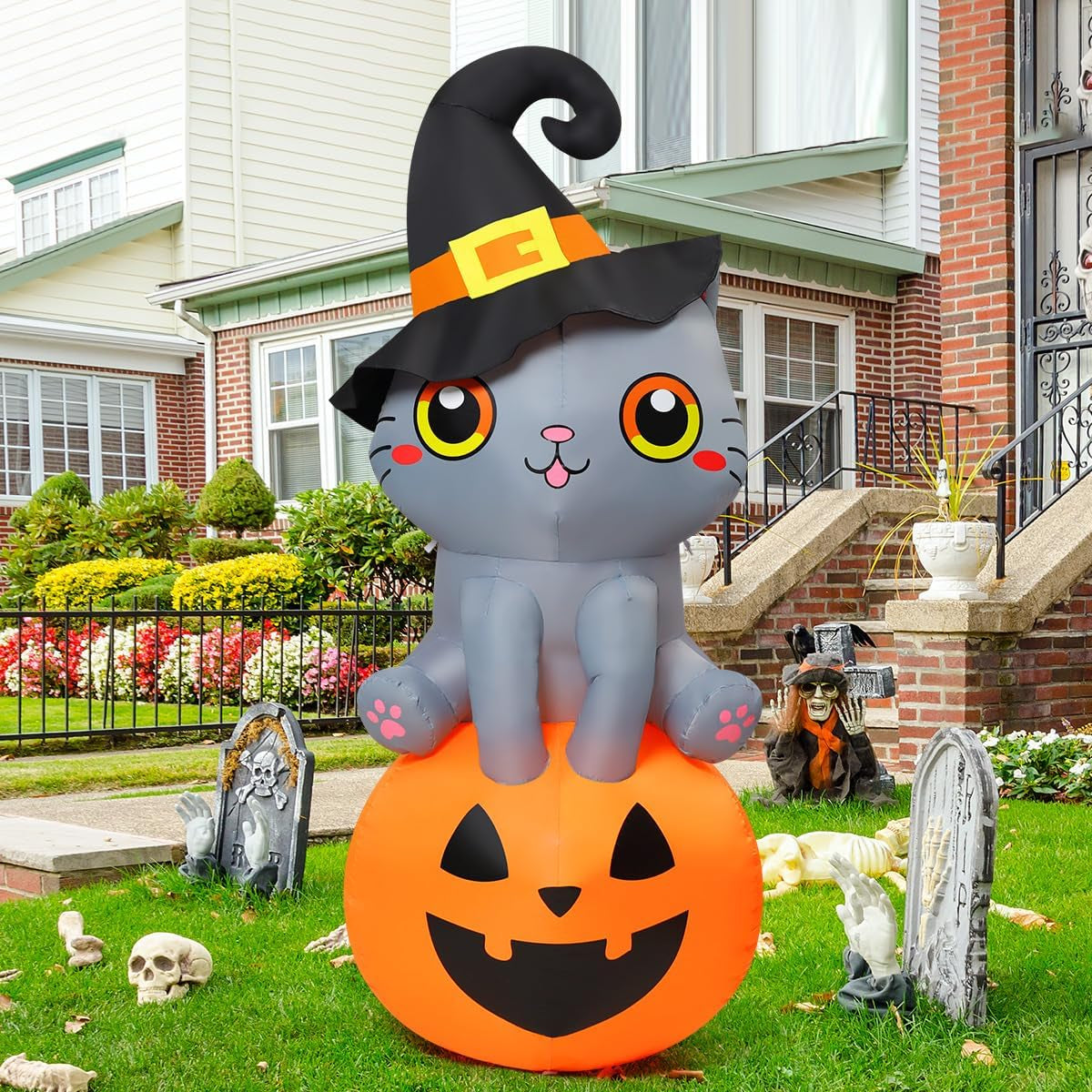 6 FT Halloween Inflatable Cat Outdoor Decoration - Adorable Wizard Cat Sitting on Pumpkin with Built-in LEDs for Garden, Lawn, and Indoor Party Decor