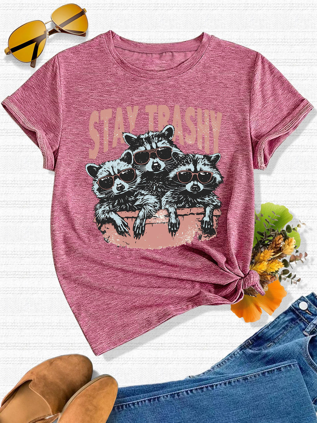 Whimsical Animal Series - Three Little Raccoon Graphic Print Round Neck Short Sleeve Sports T-Shirt - Casual Fashionable, Trendy, Elegant, Retro-Inspired Top for Adult Women
