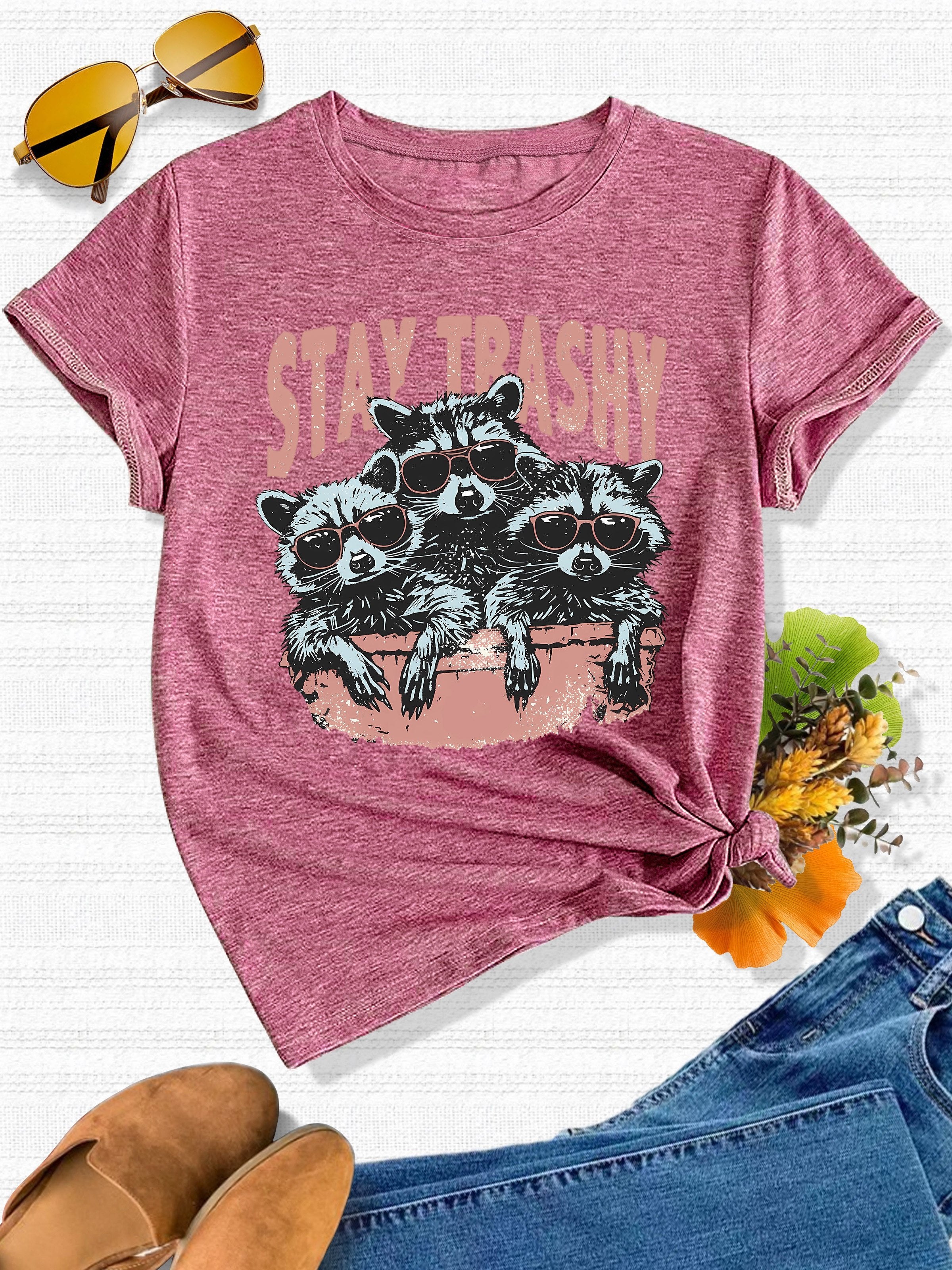 Whimsical Animal Series - Three Little Raccoon Graphic Print Round Neck Short Sleeve Sports T-Shirt - Casual Fashionable, Trendy, Elegant, Retro-Inspired Top for Adult Women
