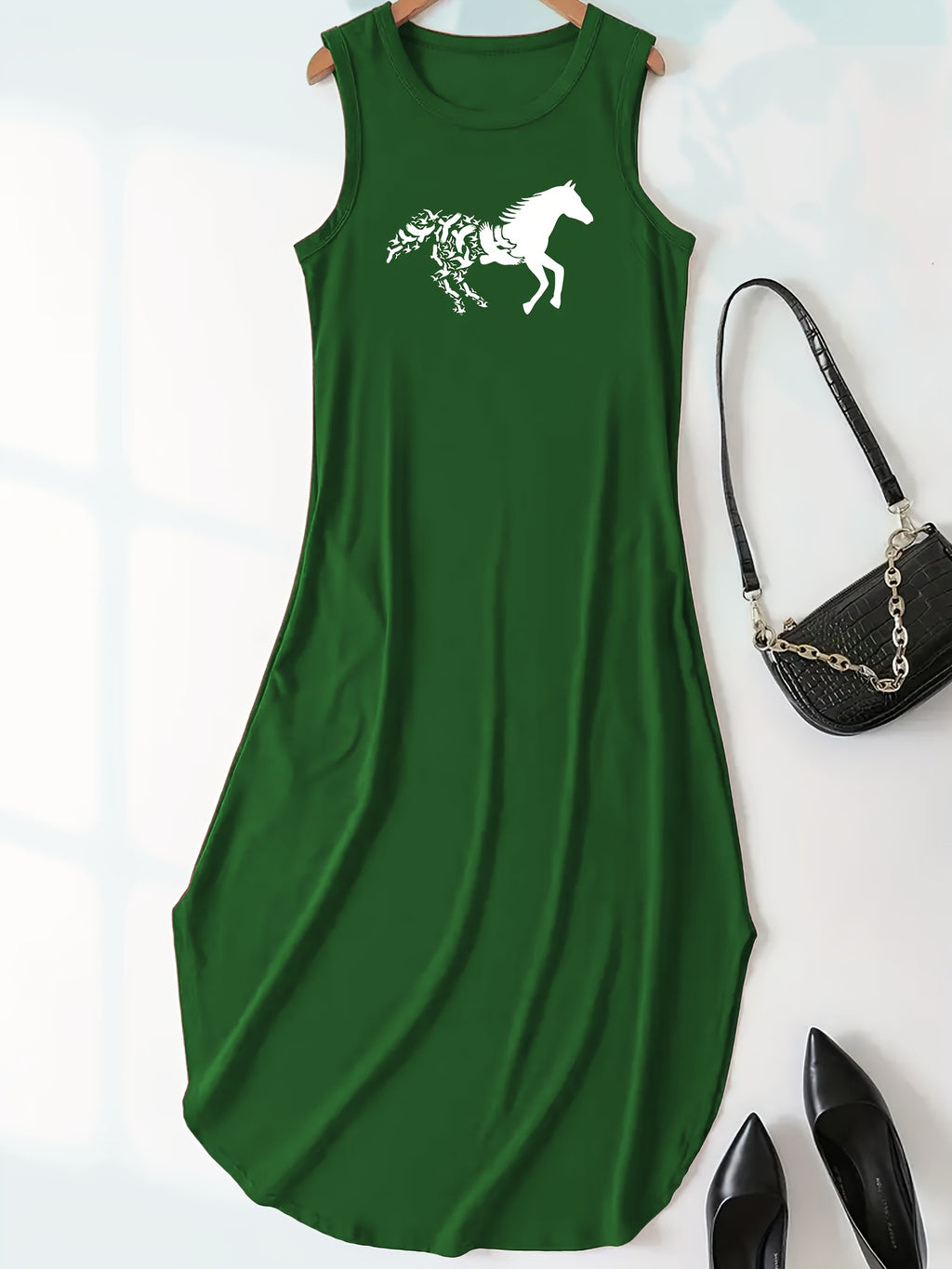 Horse Print Tank Dress, Casual Crew Neck Sleeveless Dress For Summer, Women's Clothing