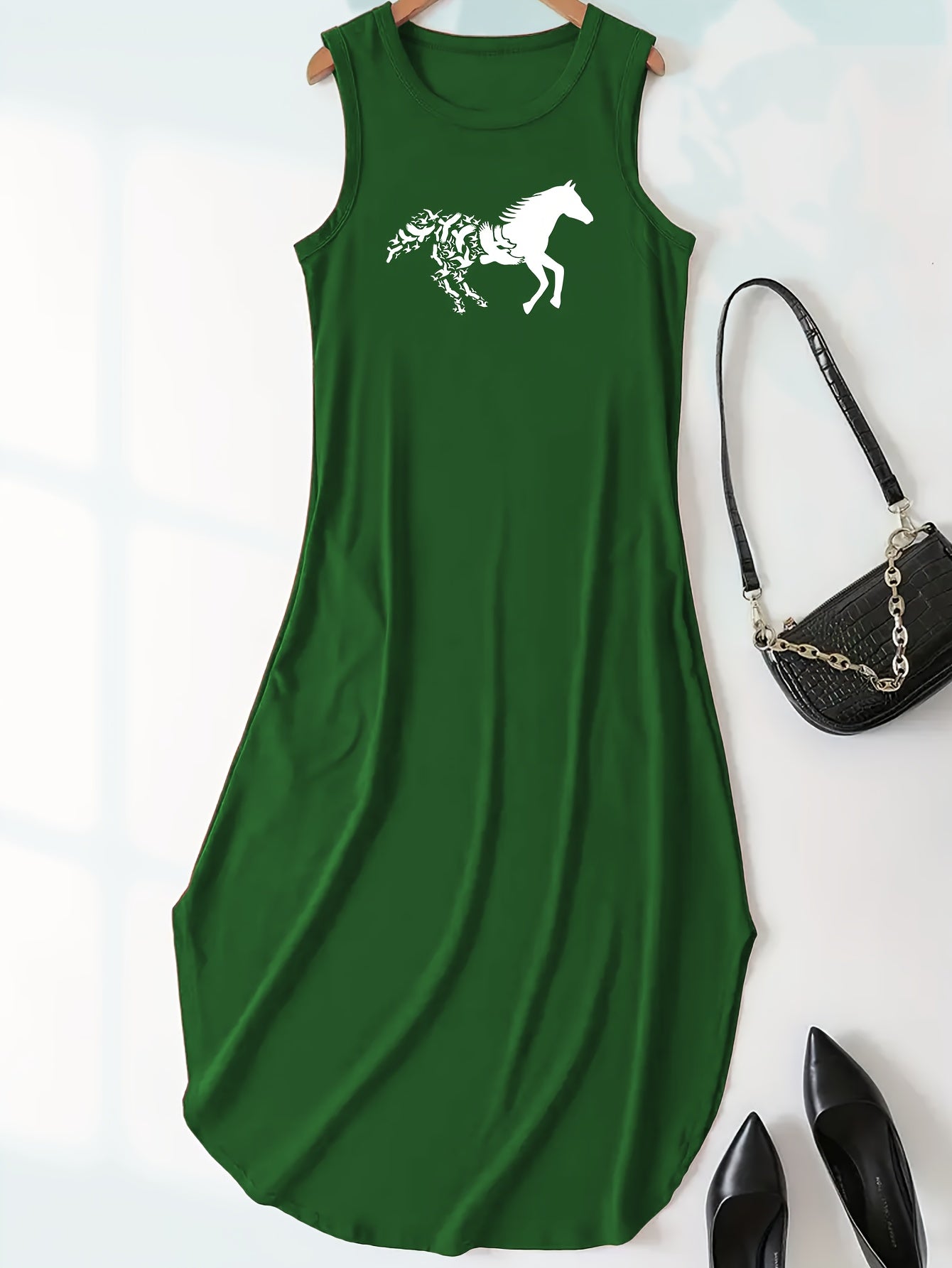 Horse Print Tank Dress, Casual Crew Neck Sleeveless Dress For Summer, Women's Clothing