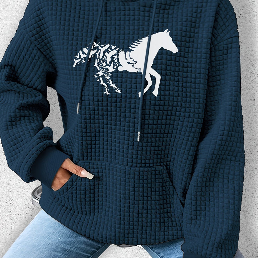 Vibrant Horse Print Waffle Hoodie - Soft, Cozy, and Casual Drawstring Kangaroo Pocket Sweatshirt for Women - Perfect for Fall and Spring Seasons