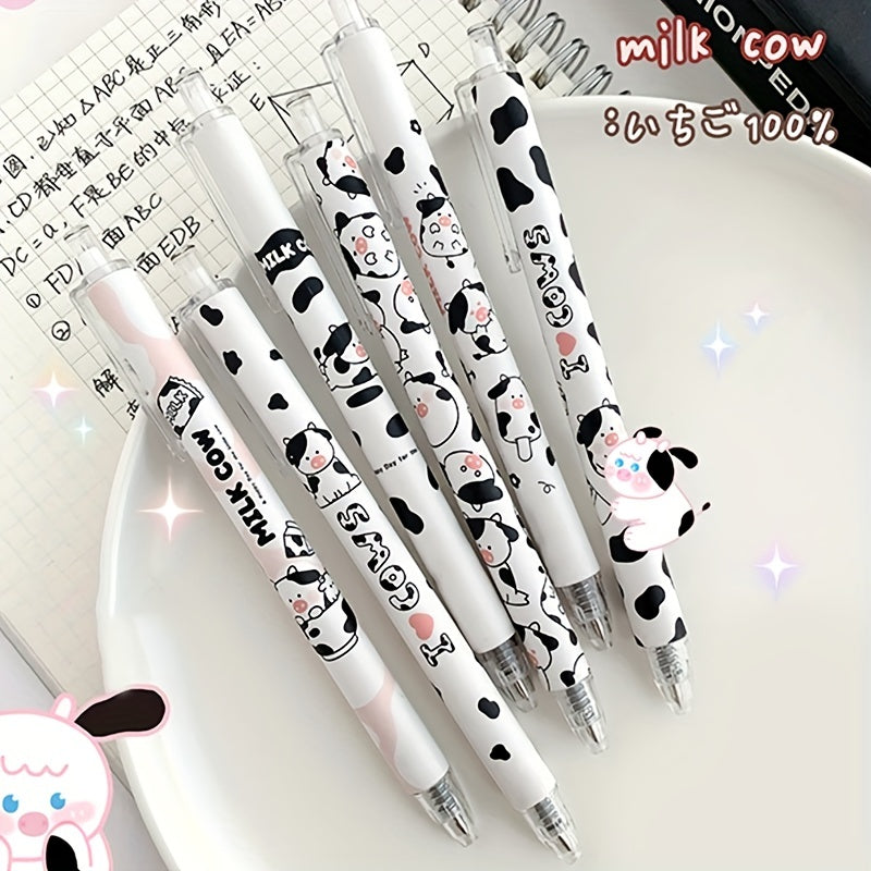 6pcs Vibrant Black Ink Cartoon Milk Cow Retractable Gel Pens Set - Fine 0.5mm Bullet Nib, Smooth Writing Experience, Ergonomic Design, Perfect for School, Office, and Artistic Creations