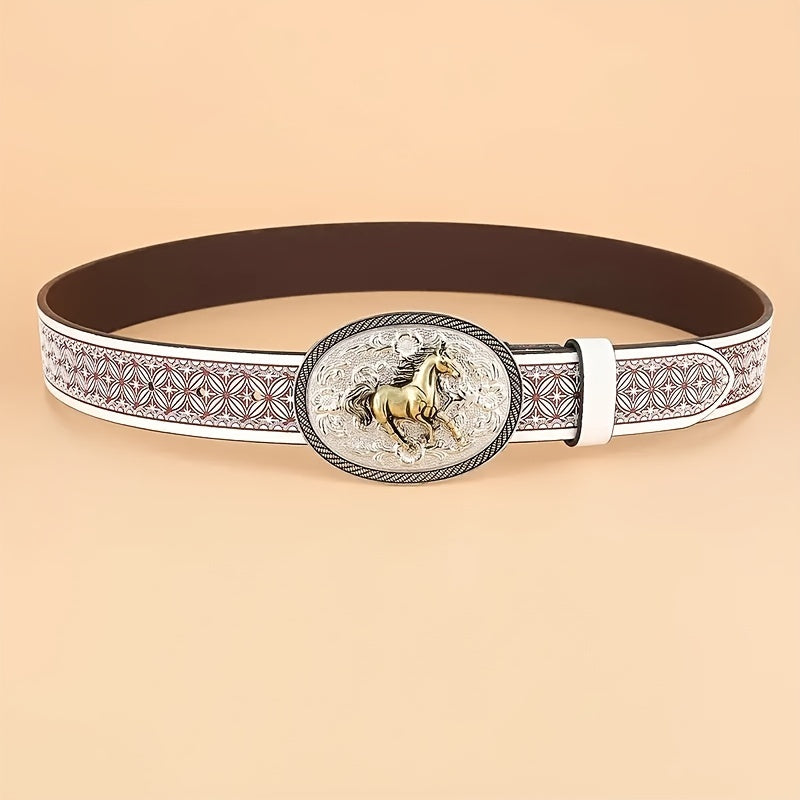 Fashionable Womens Oval Horse Buckle Belt - Embossed White Leather - Perfect for Jeans - Trendy Style for Girls and Women