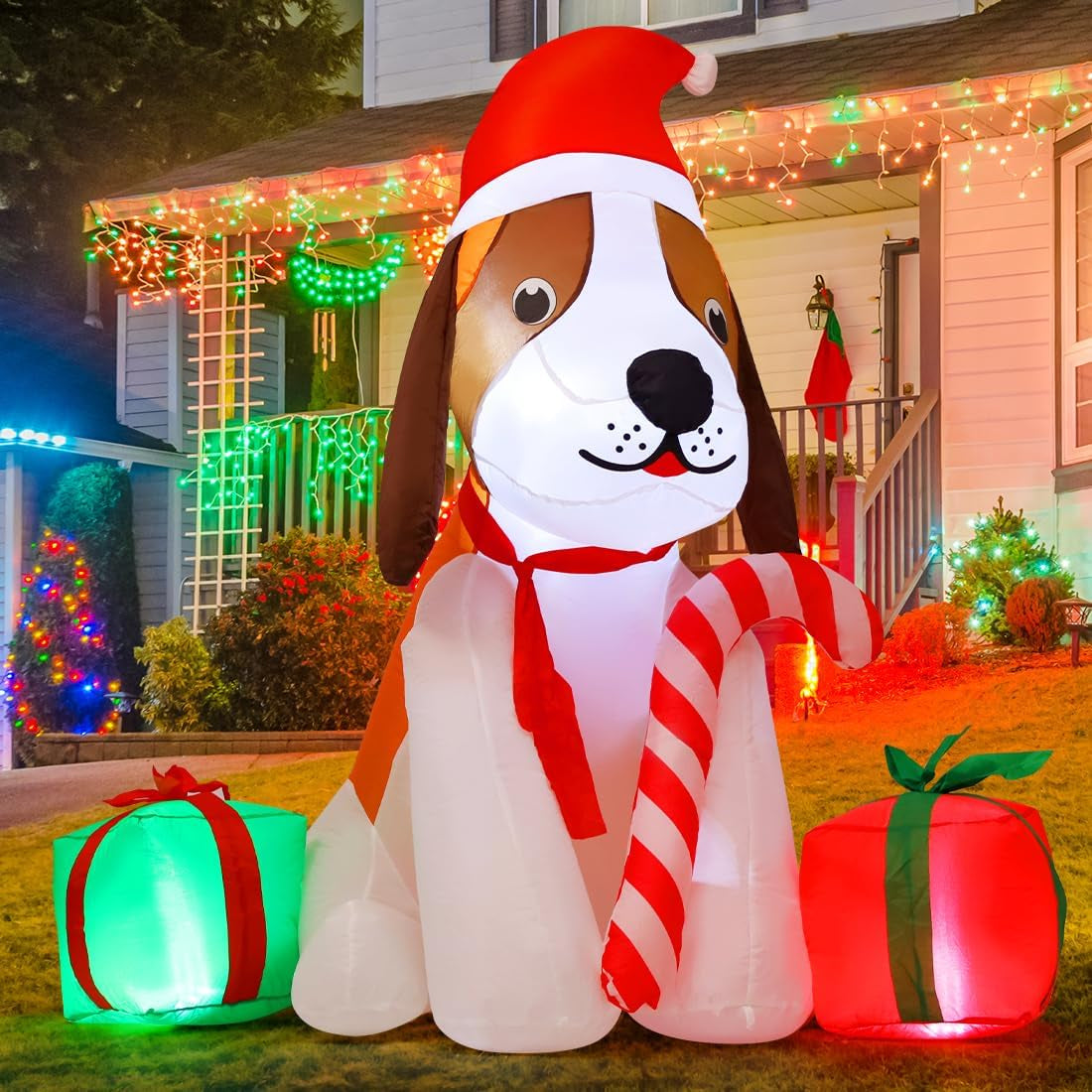 5 FT Inflatable Christmas Beagle Dog Outdoor Decoration with Gift Box and Built-in LEDs for Holiday Party and Garden Lawn Decor