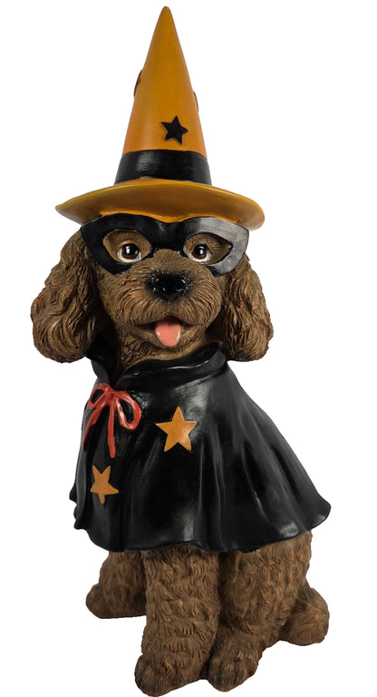 Halloween Themed Goldendoodle Figurine in Witch Costume - 14 Inch Pumpkin Decor