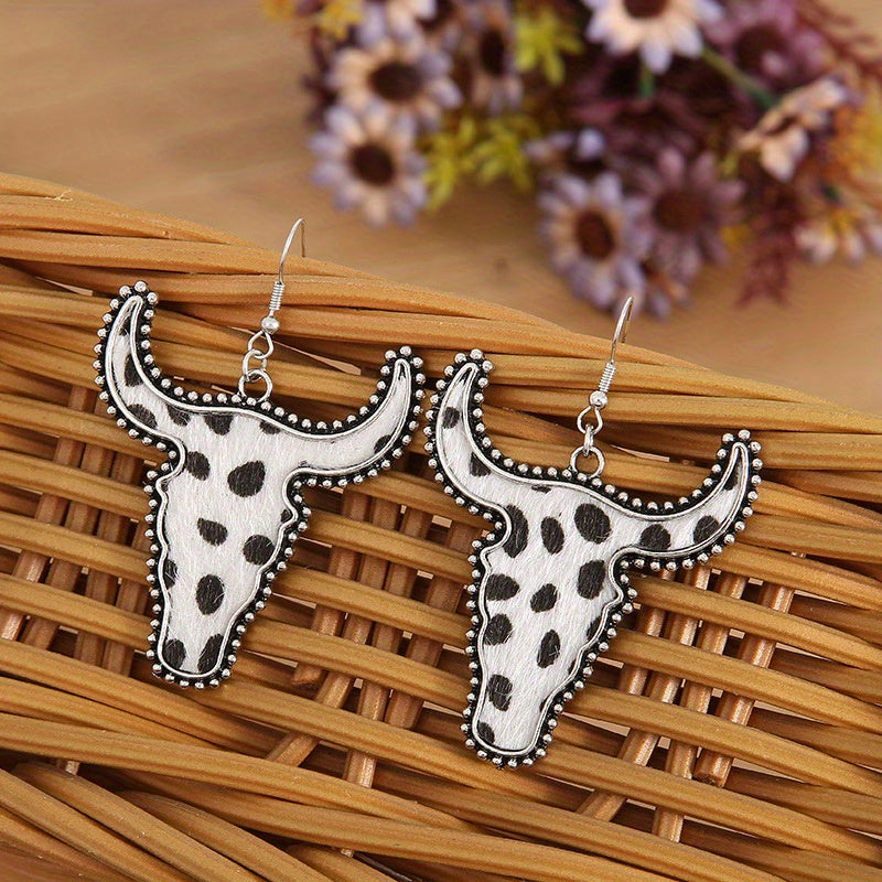 Flocking Cow/ Leopard Pattern Bull Head Design Dangle Earrings Retro Ethnic Style Western Holiday Earrings