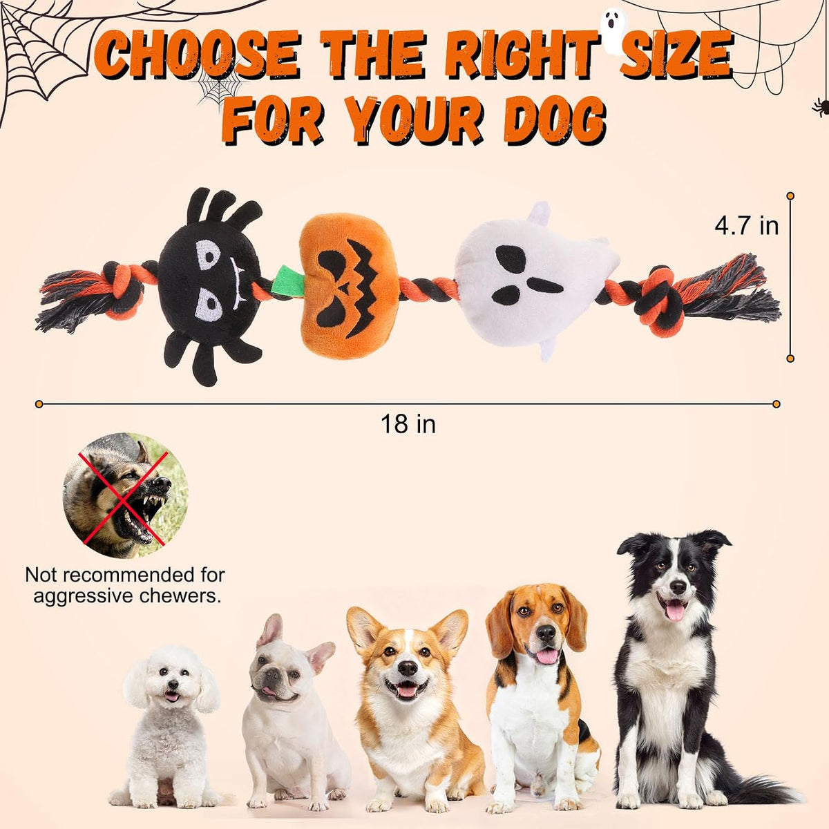 Halloween Squeaky Dog Toy for Small Dog to Keep Them Busy, Interactive Dog Rope Toy with 3 Squeakers, Funny Plush Stuffed Toys for Puppy Pet Tug of War Playing Training, Pumpkin+Spider+Ghost