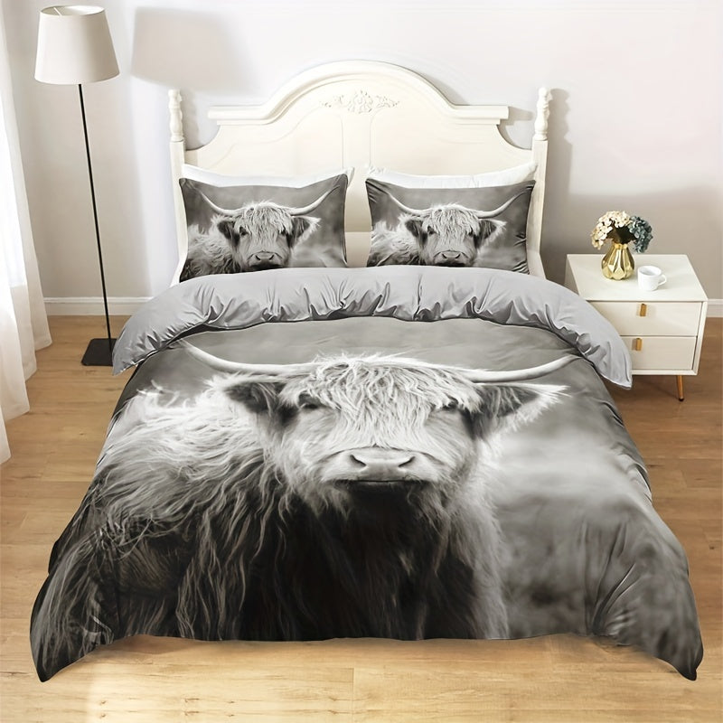 3pcs Stylish Countryside Highland Cow High-Definition Digital Printed bedding